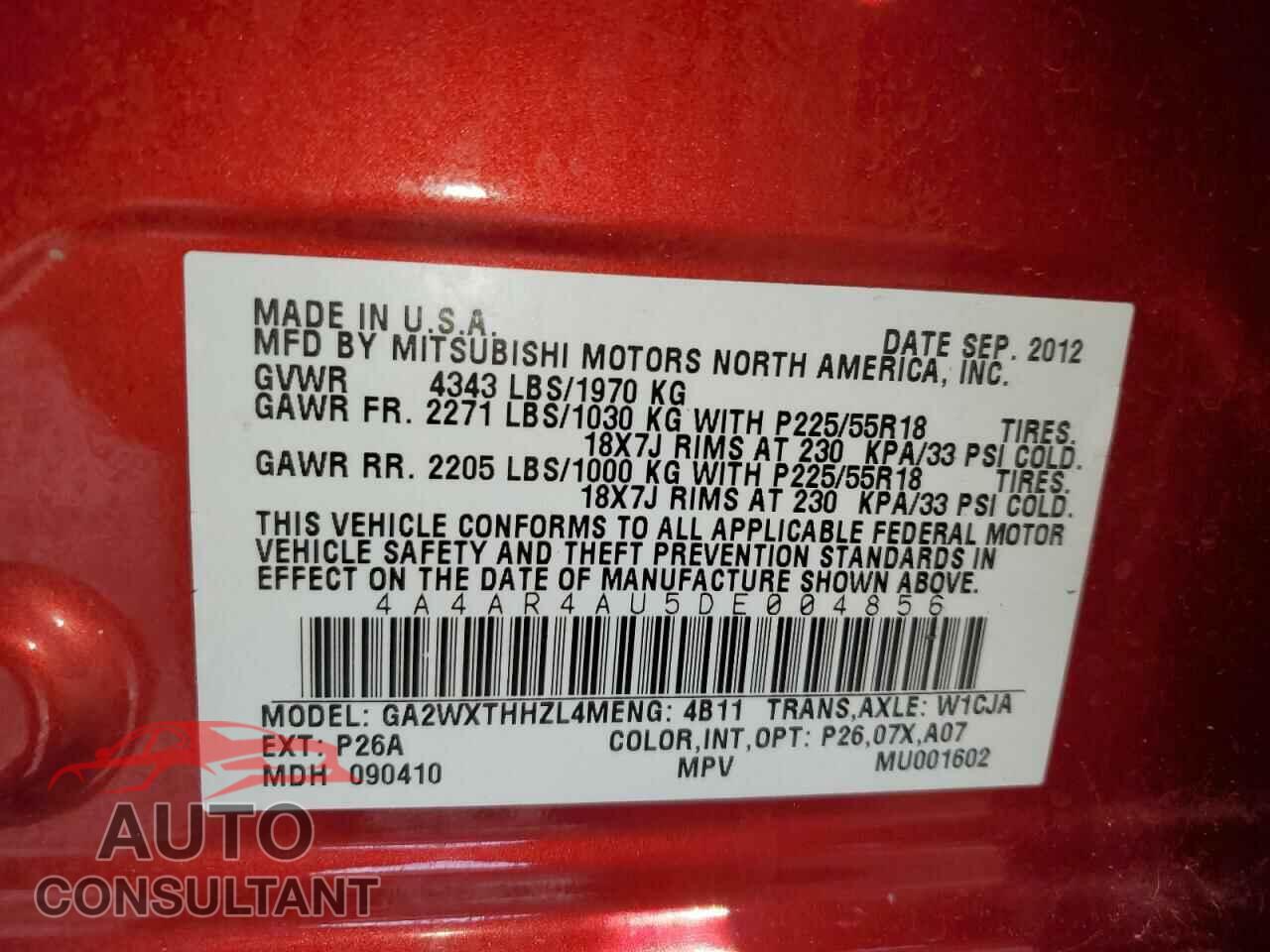 MITSUBISHI OUTLANDER 2013 - 4A4AR4AU5DE004856