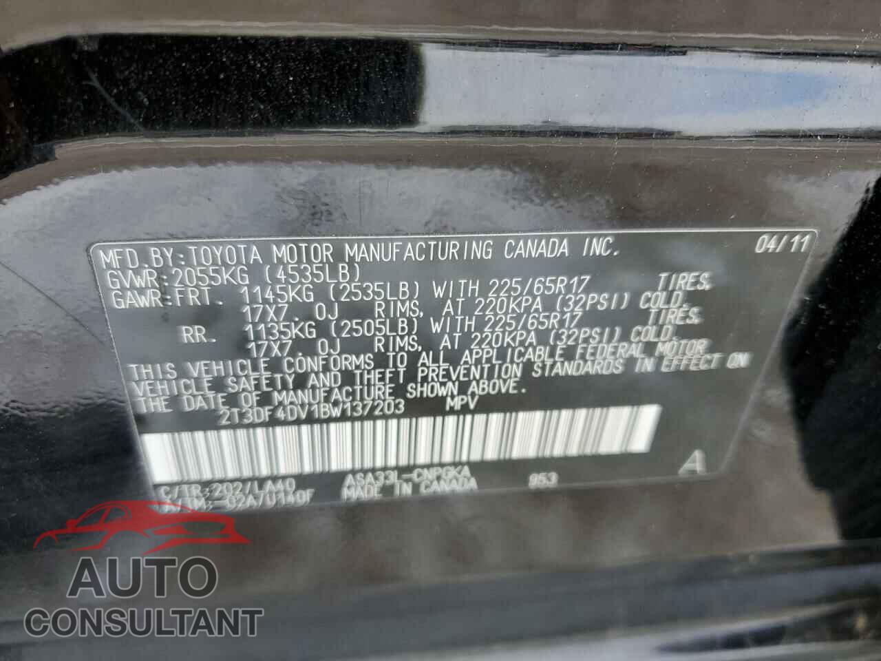 TOYOTA RAV4 2011 - 2T3DF4DV1BW137203