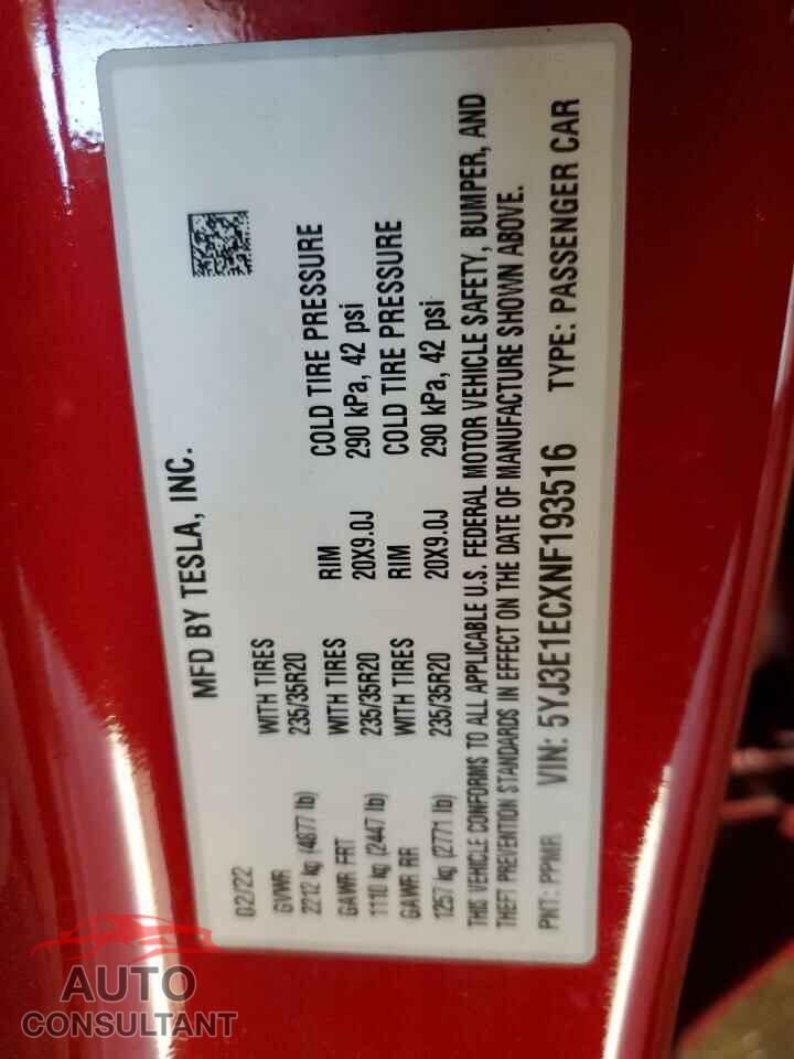 TESLA MODEL 3 2022 - 5YJ3E1ECXNF193516