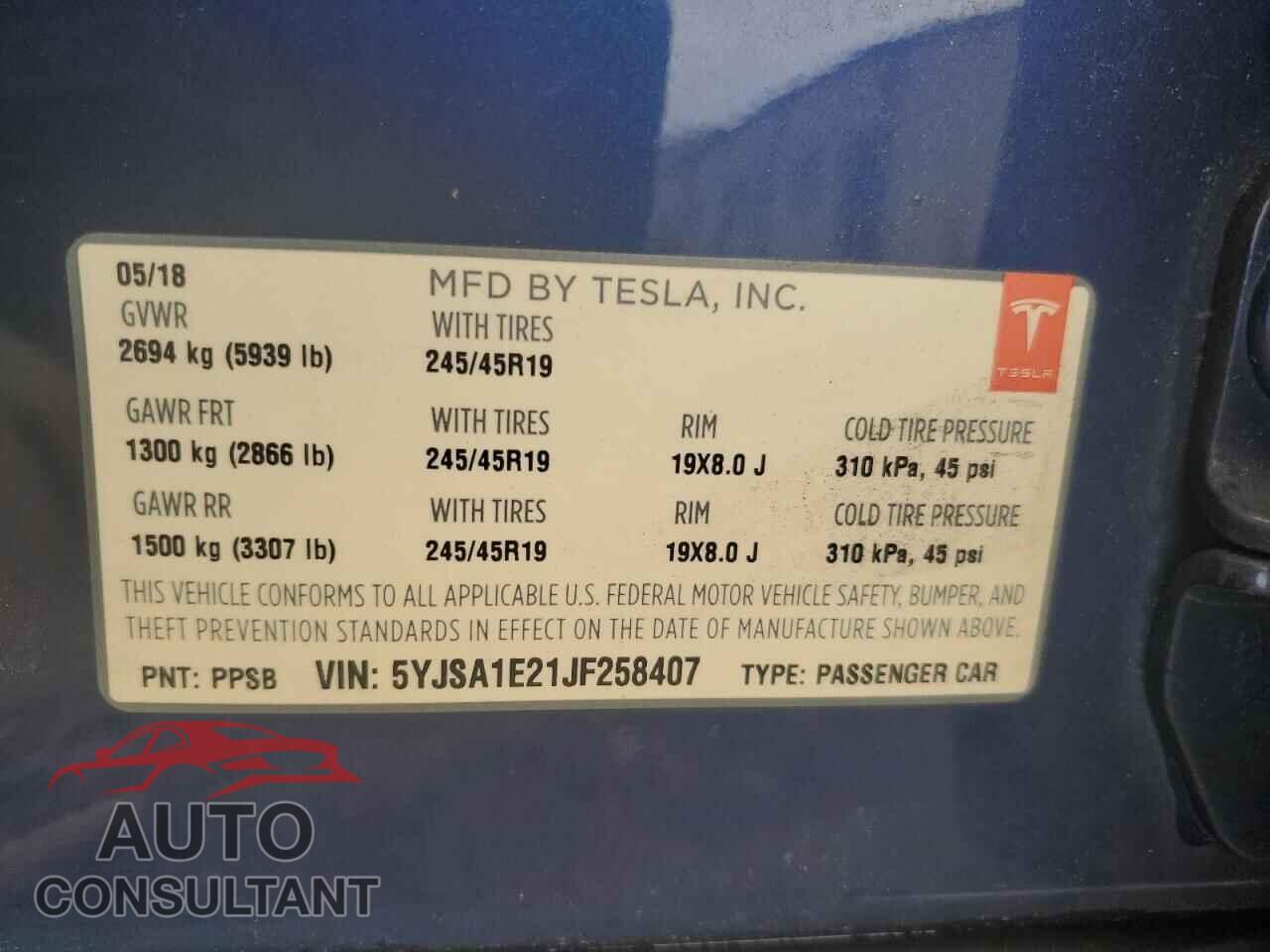 TESLA MODEL S 2018 - 5YJSA1E21JF258407