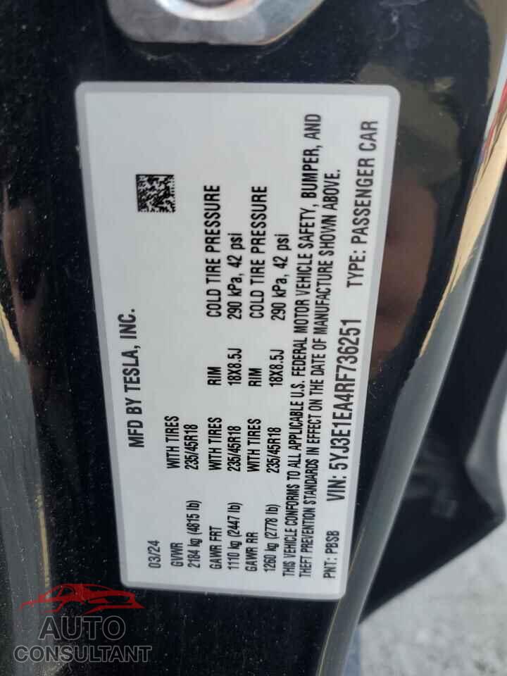 TESLA MODEL 3 2024 - 5YJ3E1EA4RF736251