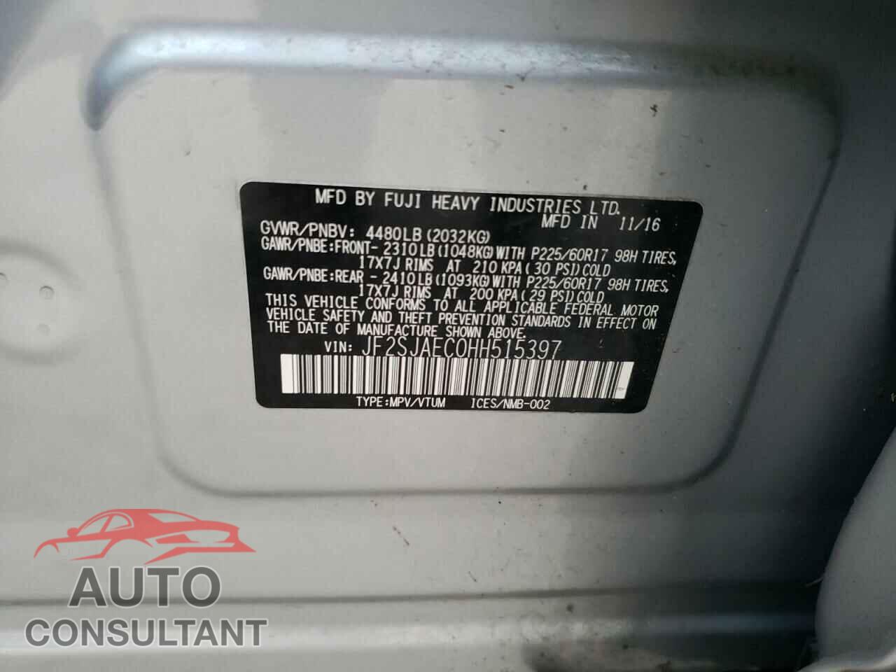 SUBARU FORESTER 2017 - JF2SJAEC0HH515397