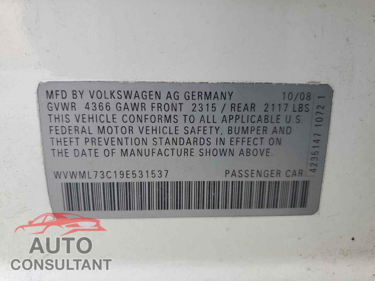 VOLKSWAGEN CC 2009 - WVWML73C19E531537