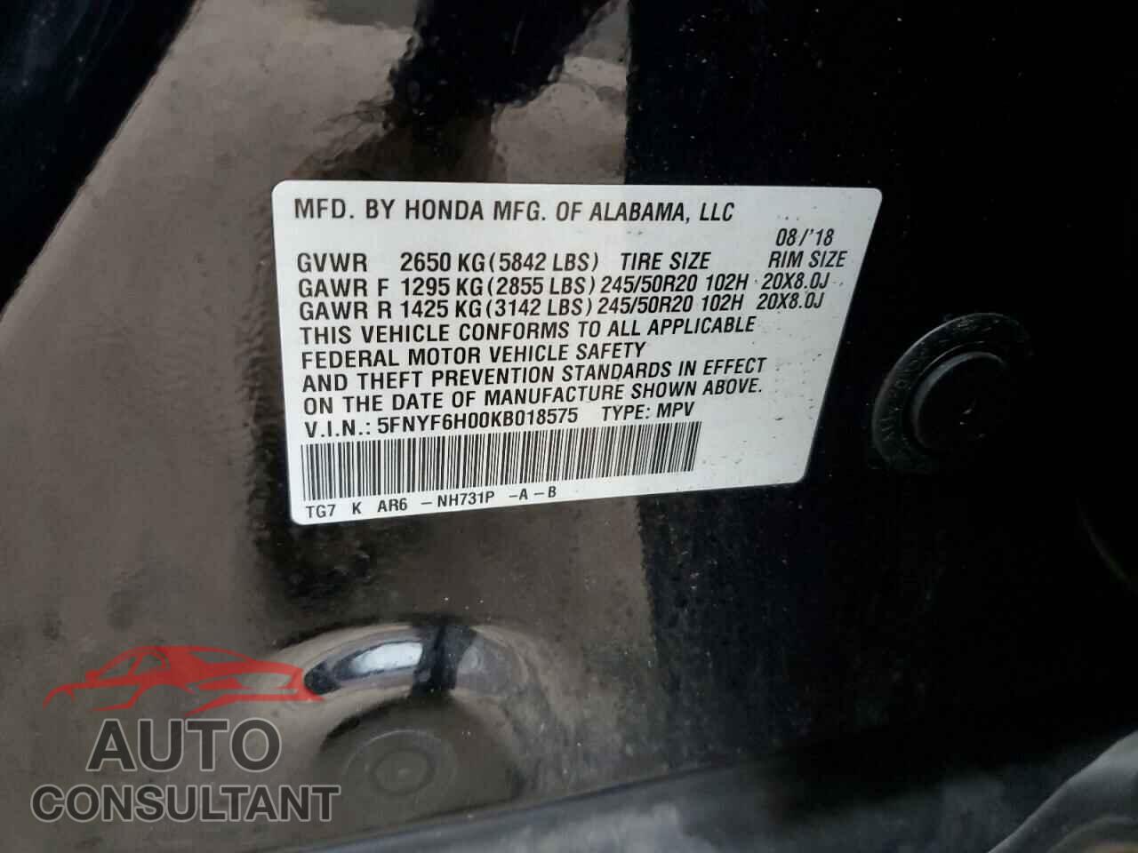 HONDA PILOT 2019 - 5FNYF6H00KB018575