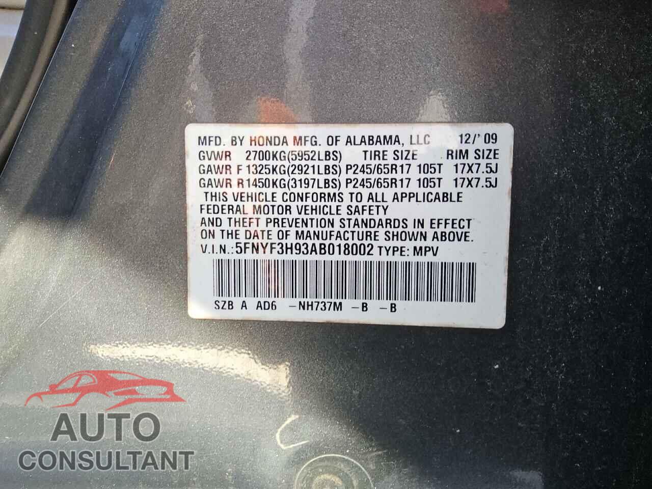 HONDA PILOT 2010 - 5FNYF3H93AB018002
