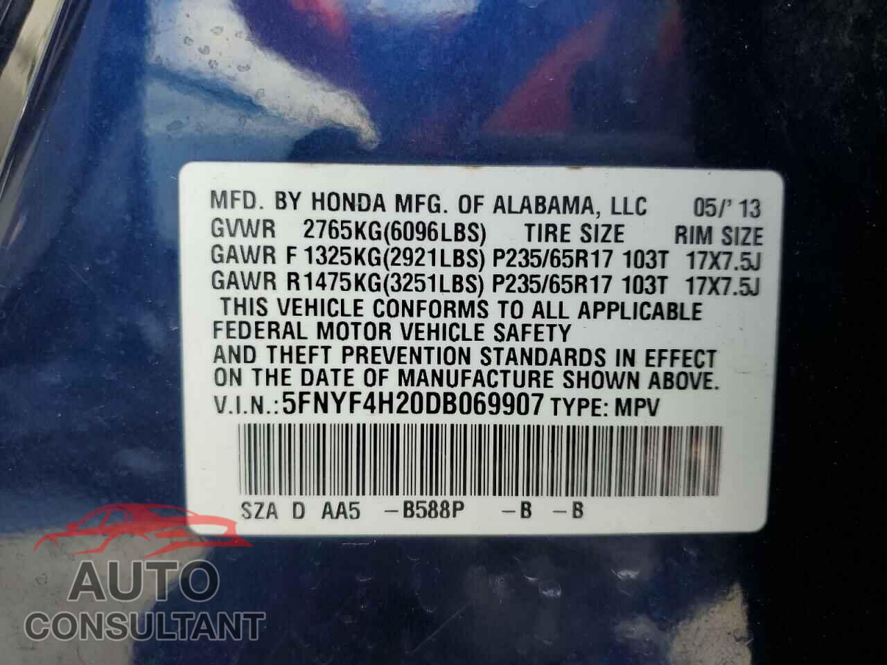 HONDA PILOT 2013 - 5FNYF4H20DB069907