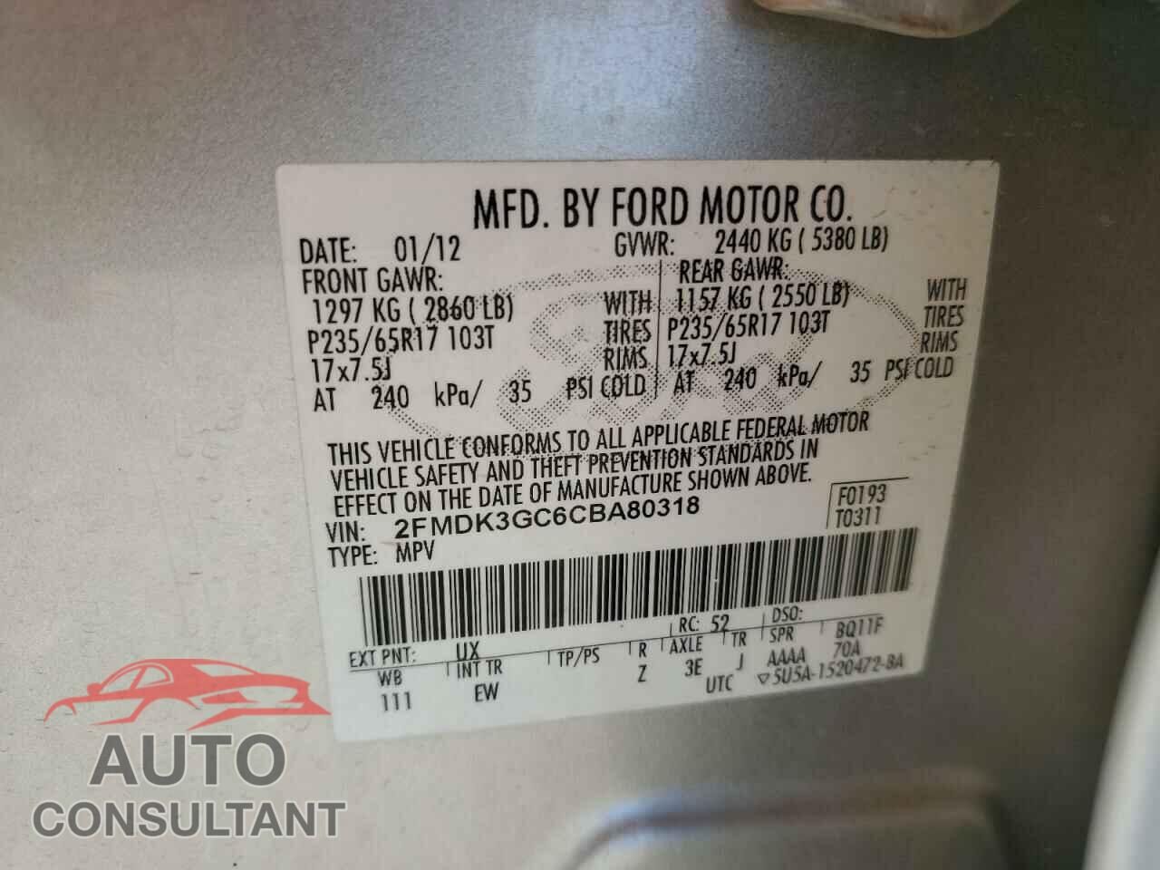 FORD EDGE 2012 - 2FMDK3GC6CBA80318