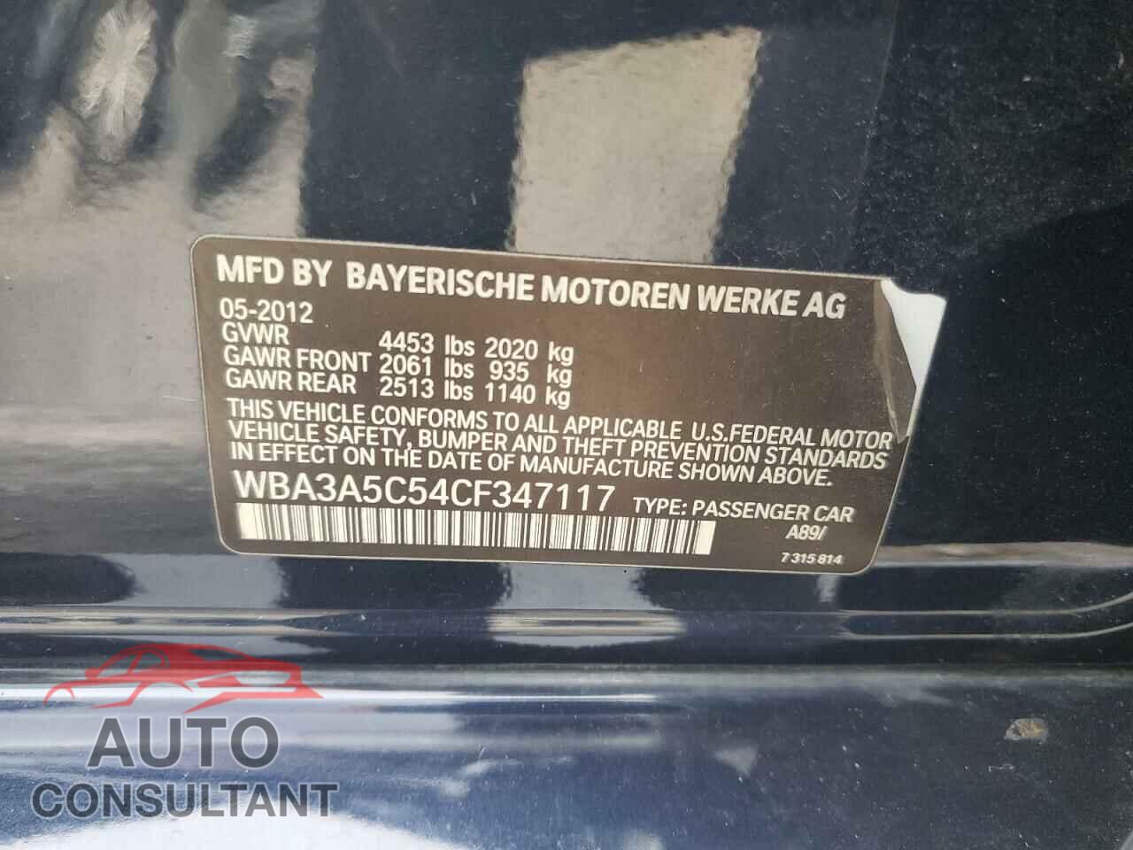 BMW 3 SERIES 2012 - WBA3A5C54CF347117