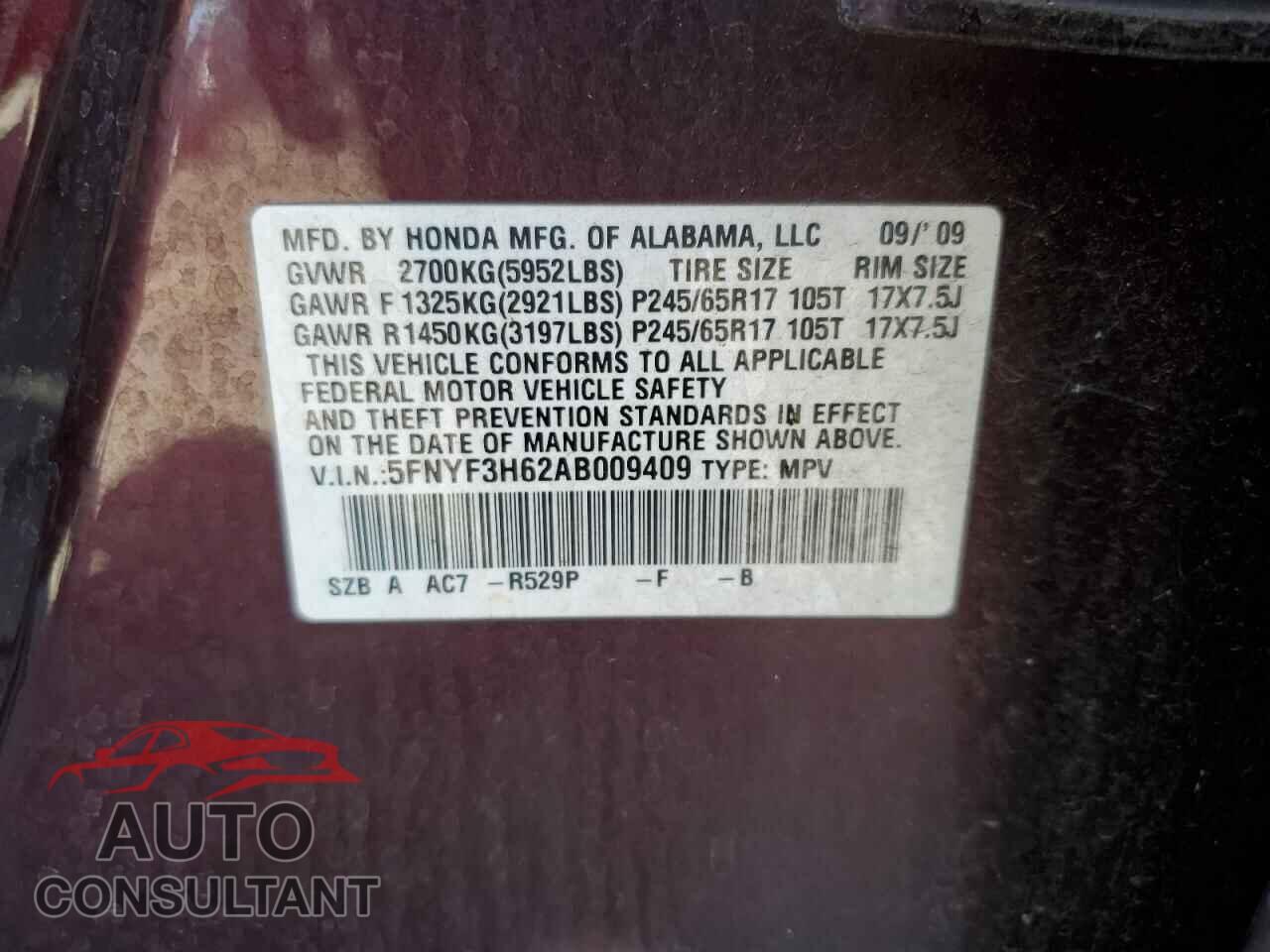 HONDA PILOT 2010 - 5FNYF3H62AB009409
