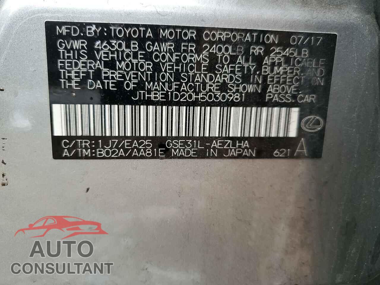 LEXUS IS 2017 - JTHBE1D20H5030981