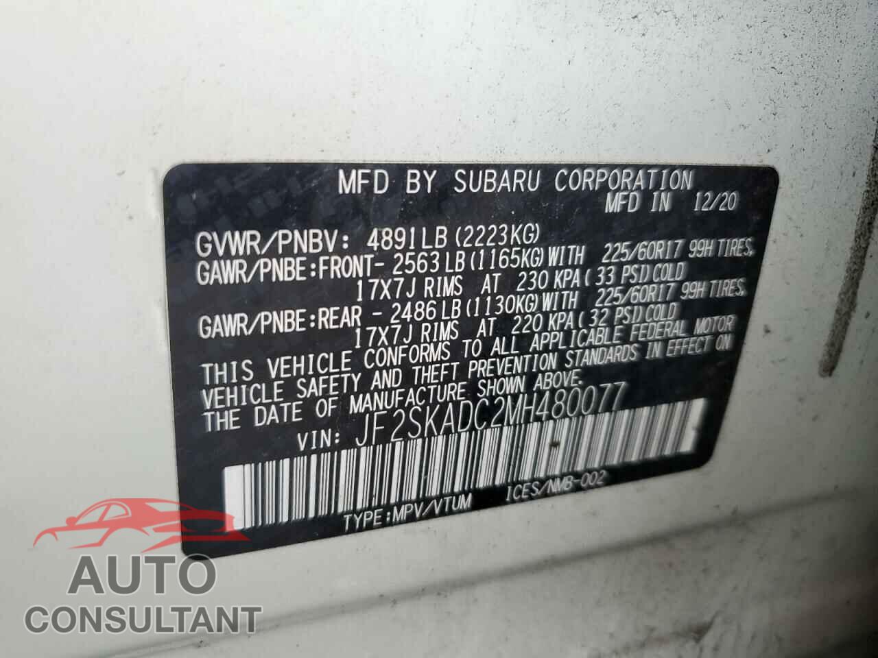 SUBARU FORESTER 2021 - JF2SKADC2MH480077