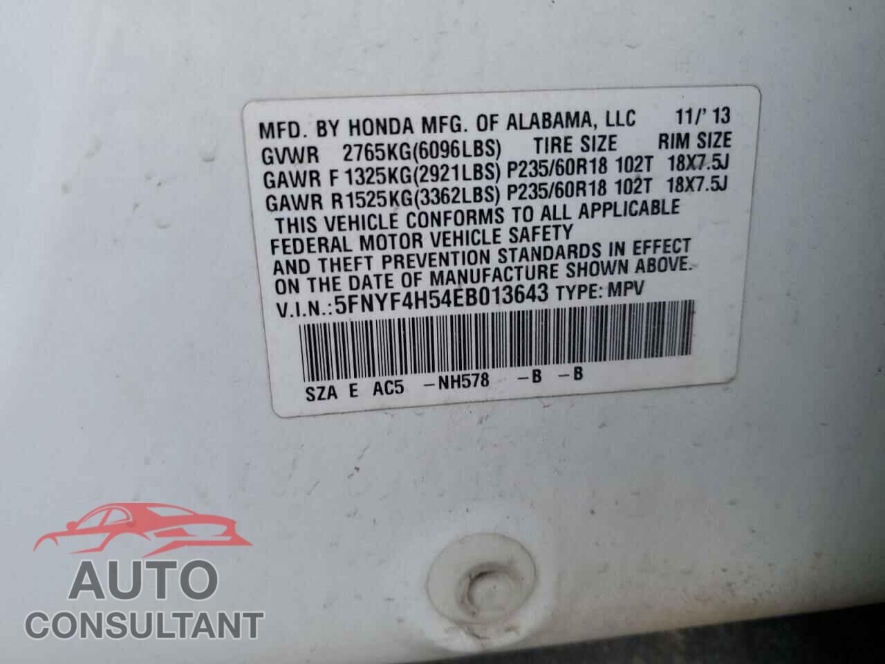 HONDA PILOT 2014 - 5FNYF4H54EB013643
