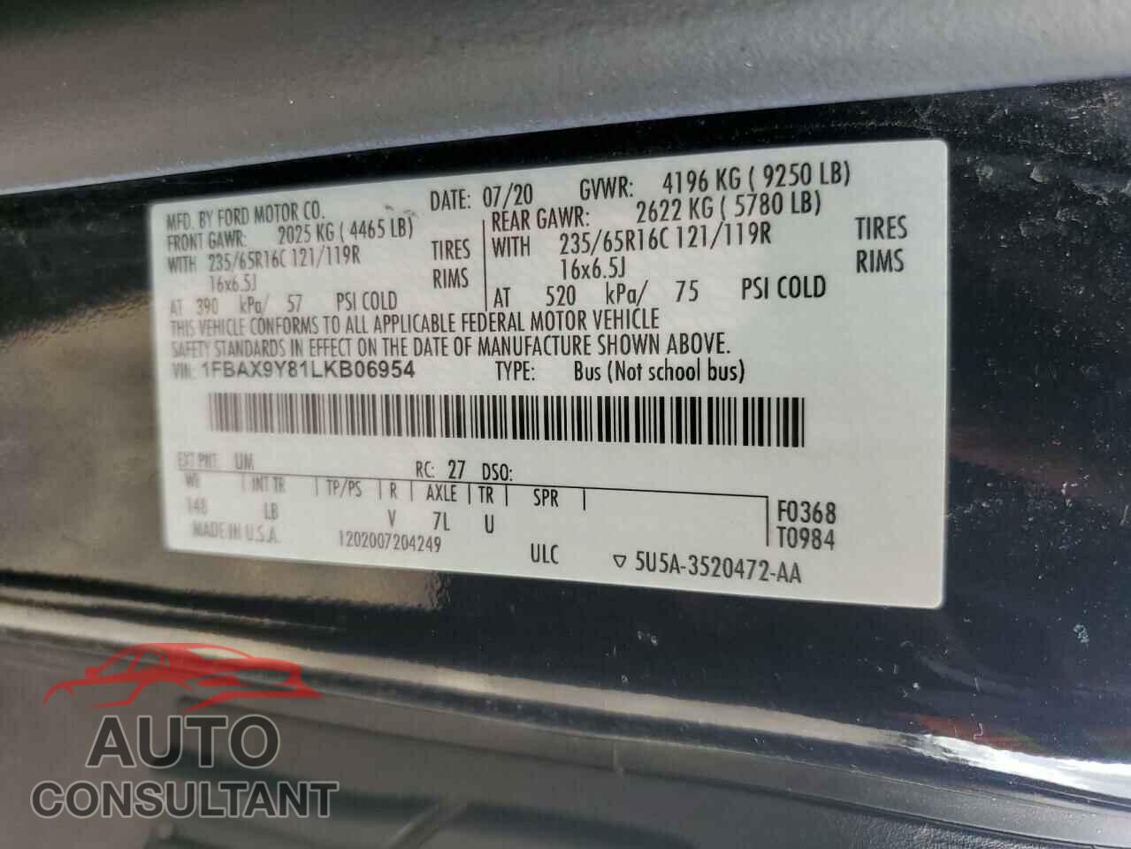 FORD TRANSIT 2020 - 1FBAX9Y81LKB06954