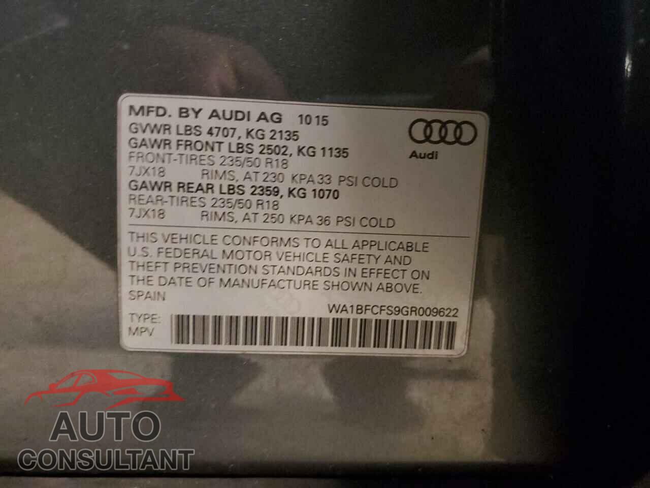 AUDI Q3 2016 - WA1BFCFS9GR009622