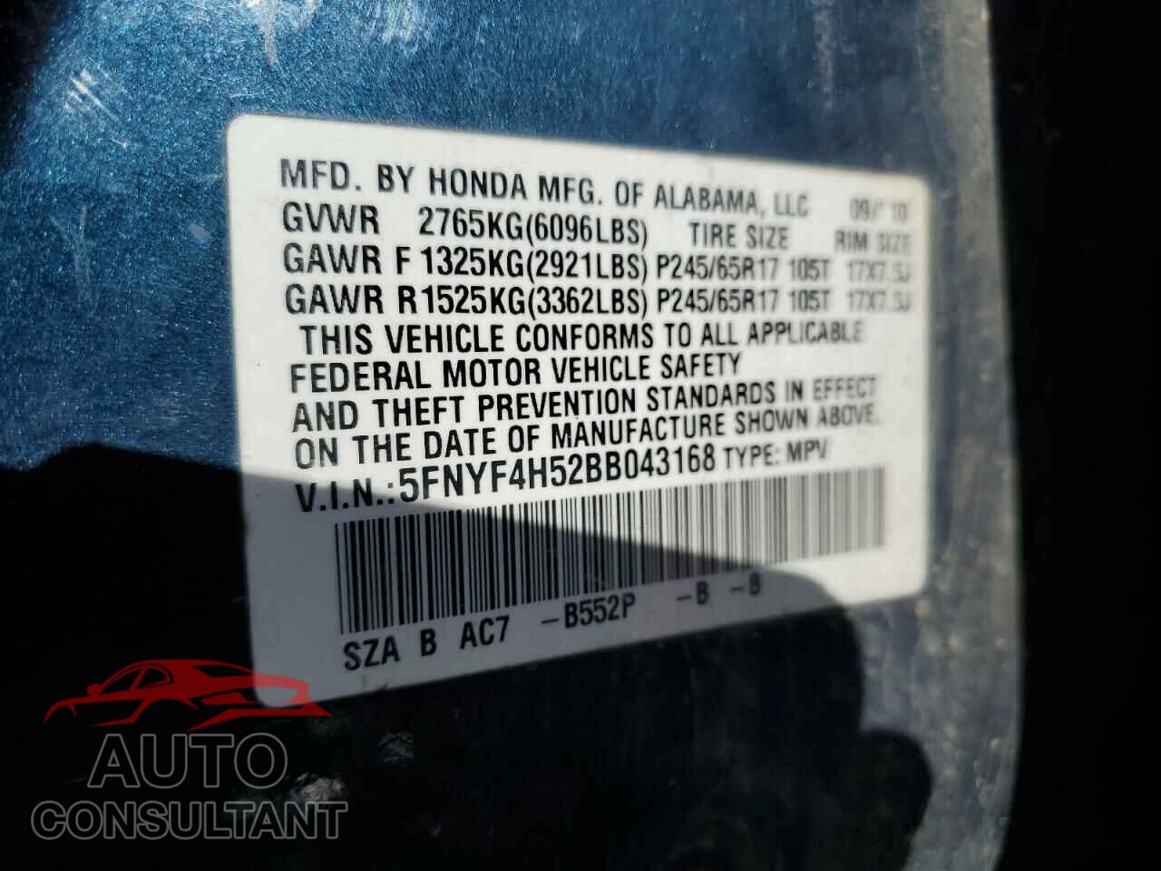 HONDA PILOT 2011 - 5FNYF4H52BB043168