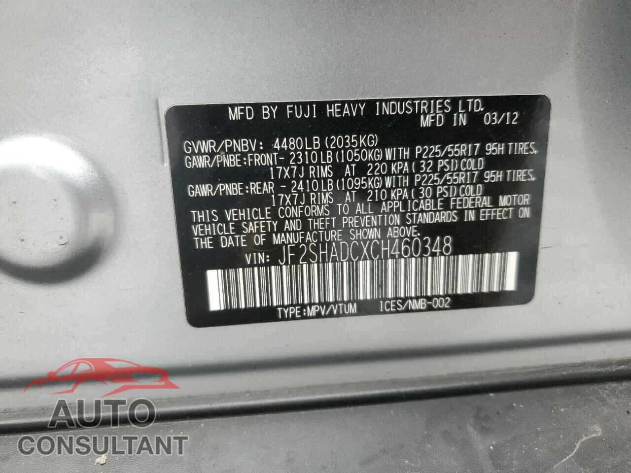 SUBARU FORESTER 2012 - JF2SHADCXCH460348