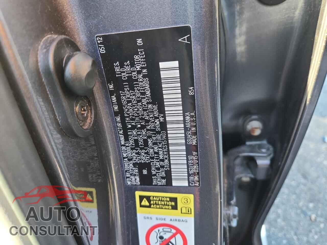 TOYOTA HIGHLANDER 2012 - 5TDBK3EH1CS151403