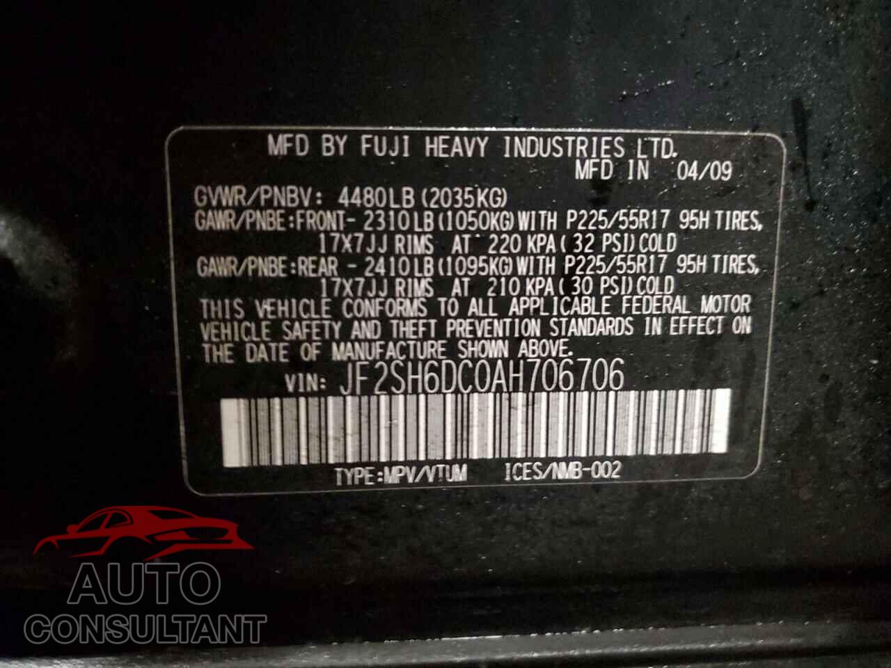 SUBARU FORESTER 2010 - JF2SH6DC0AH706706