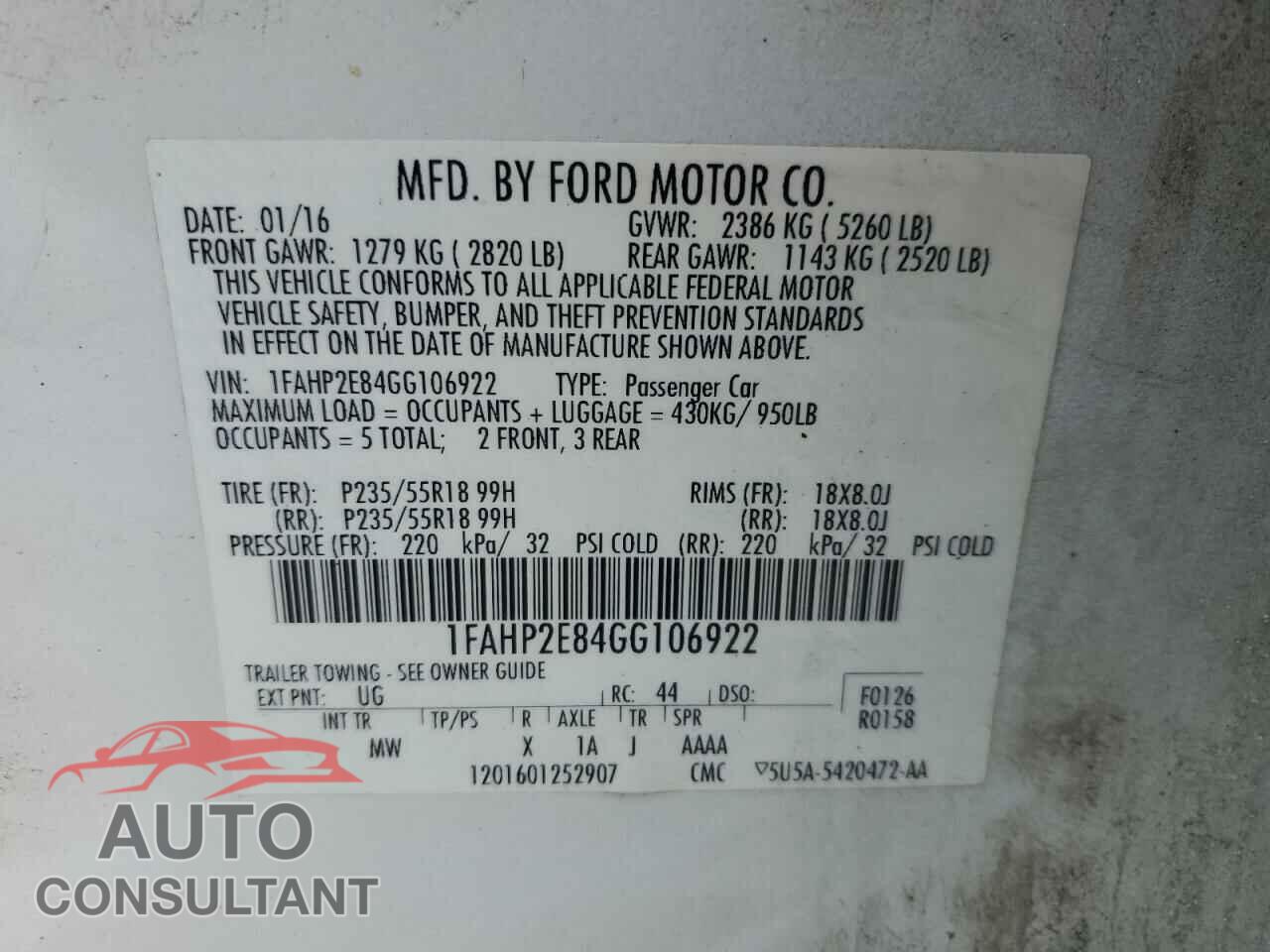 FORD TAURUS 2016 - 1FAHP2E84GG106922
