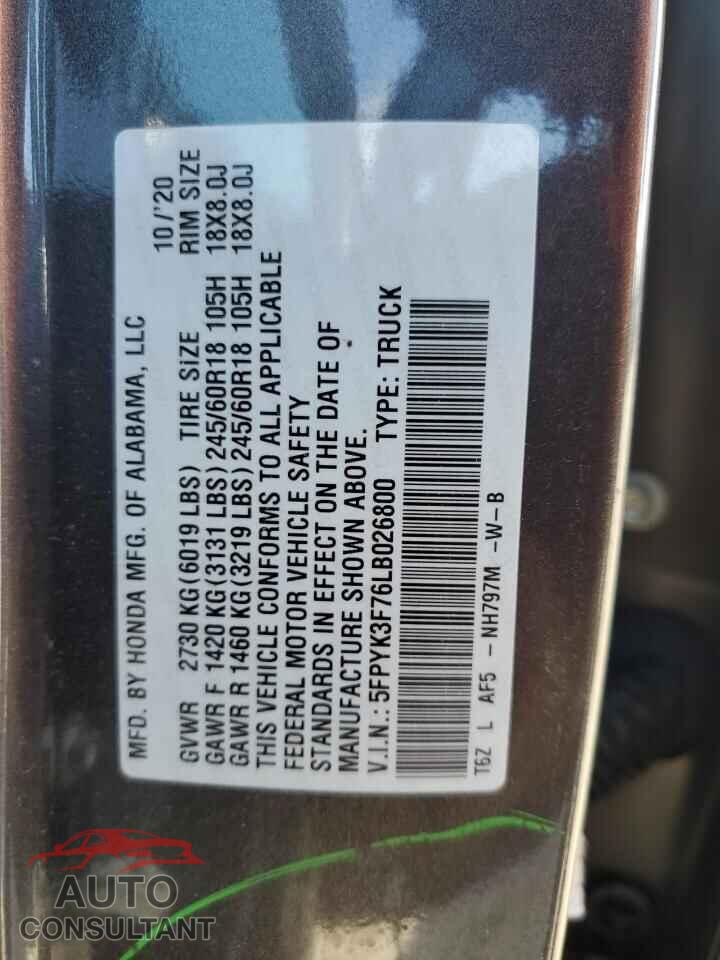 HONDA RIDGELINE 2020 - 5FPYK3F76LB026800