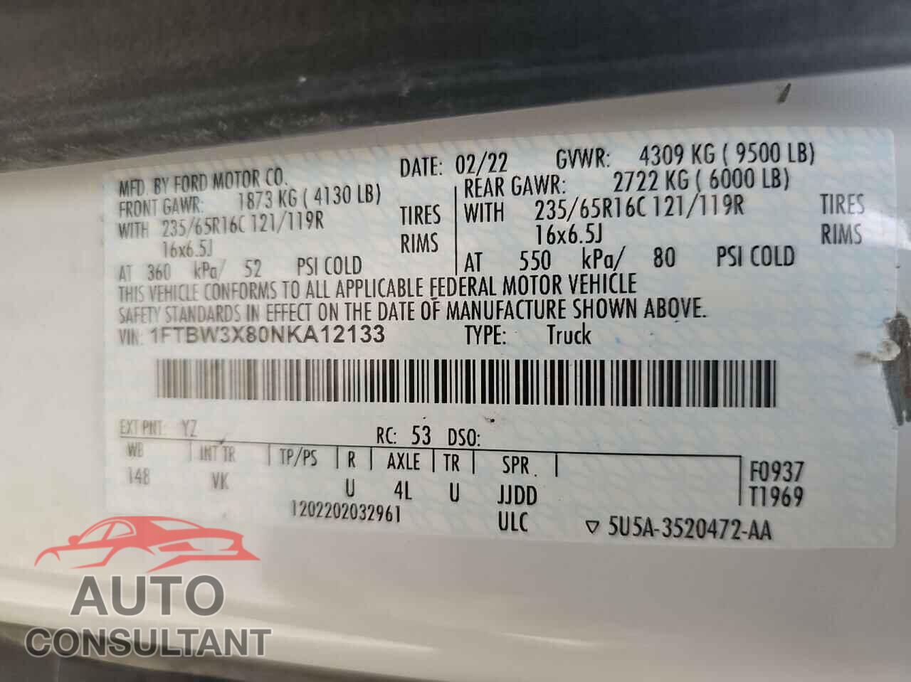 FORD TRANSIT 2022 - 1FTBW3X80NKA12133