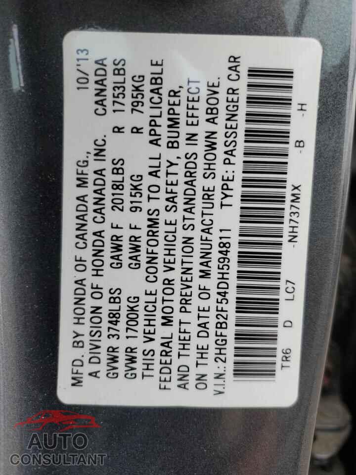 HONDA CIVIC 2013 - 2HGFB2F54DH594811