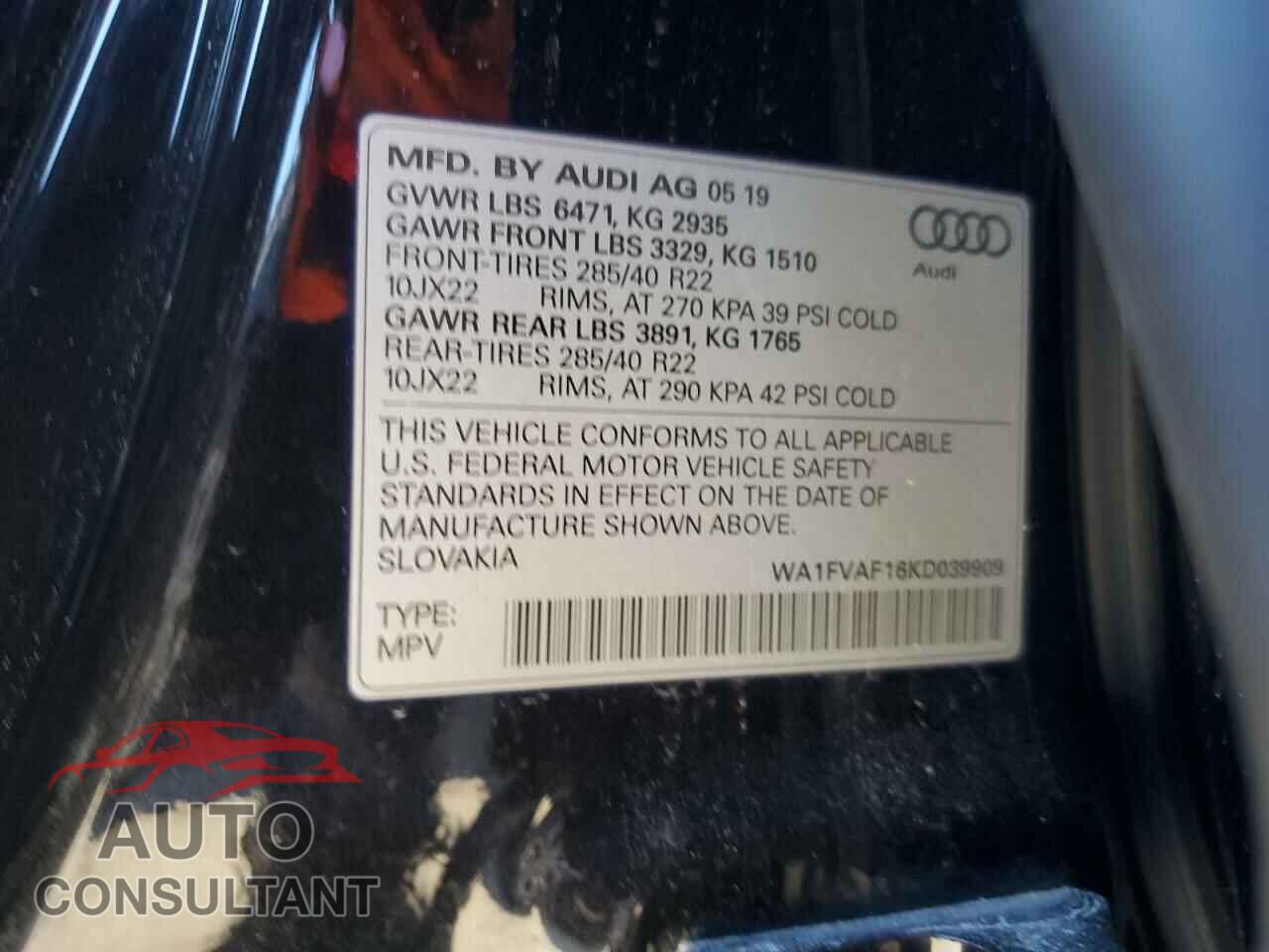AUDI Q8 2019 - WA1FVAF16KD039909