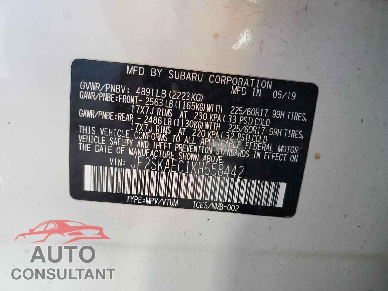 SUBARU FORESTER 2019 - JF2SKAEC1KH558442