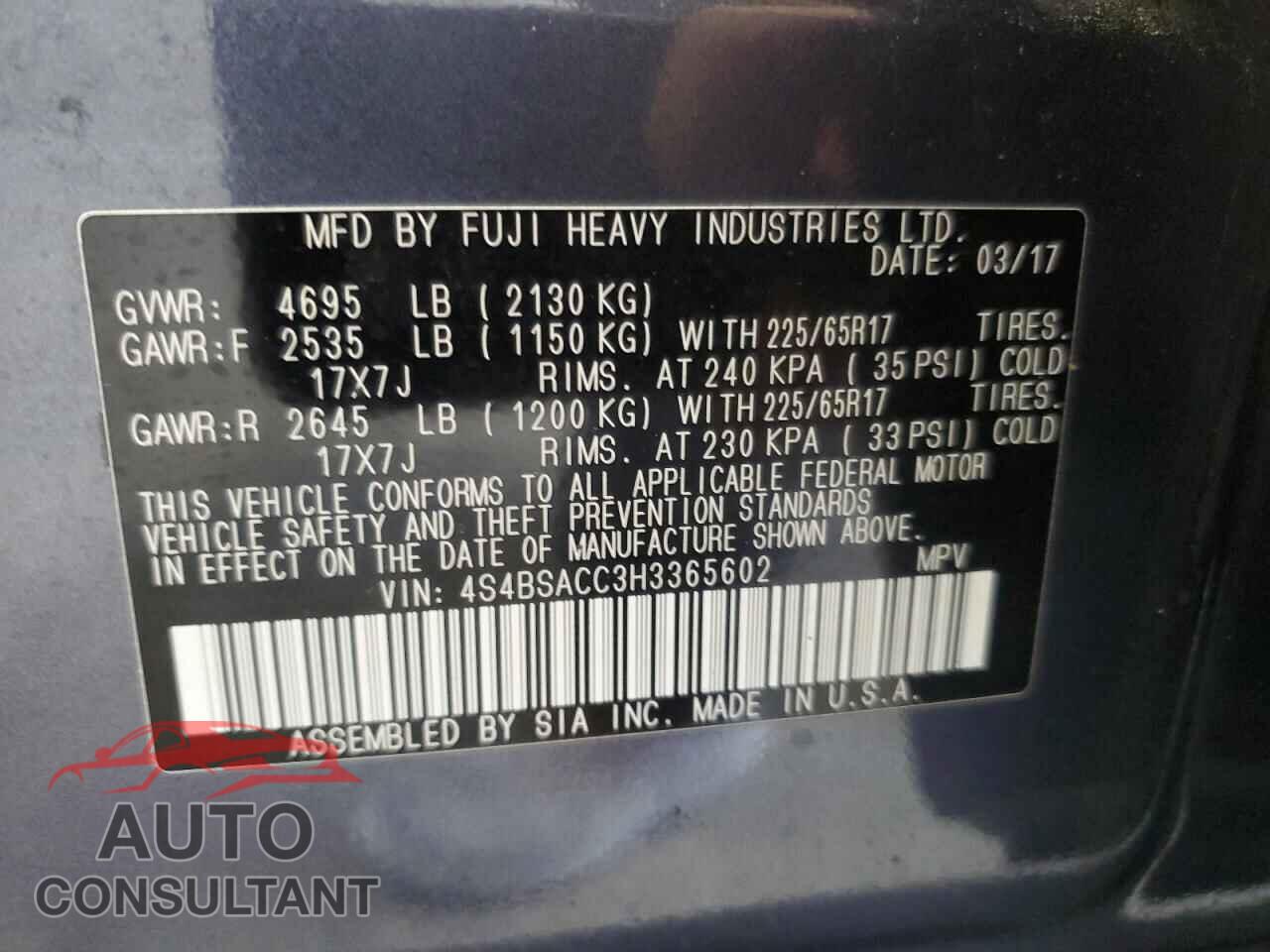 SUBARU OUTBACK 2017 - 4S4BSACC3H3365602