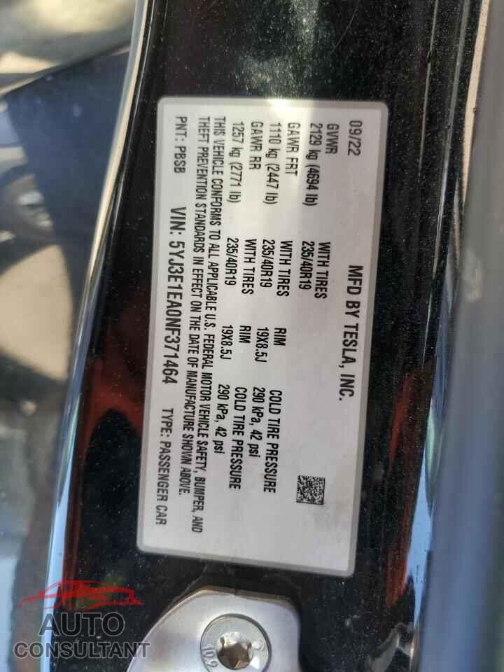 TESLA MODEL 3 2022 - 5YJ3E1EA0NF371464