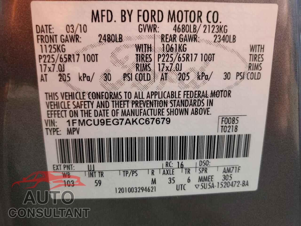 FORD ESCAPE 2010 - 1FMCU9EG7AKC67679