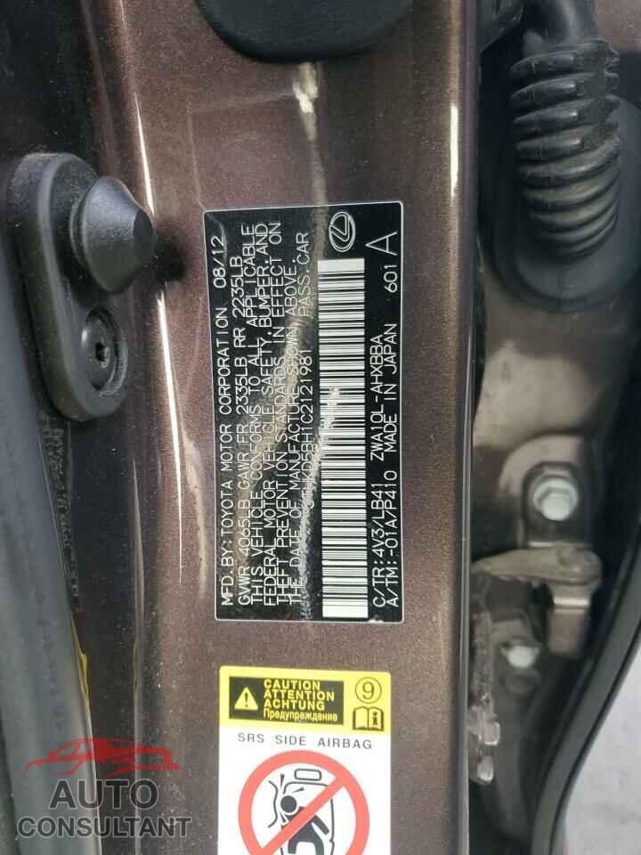 LEXUS CT 200 2012 - JTHKD5BH1C2121981