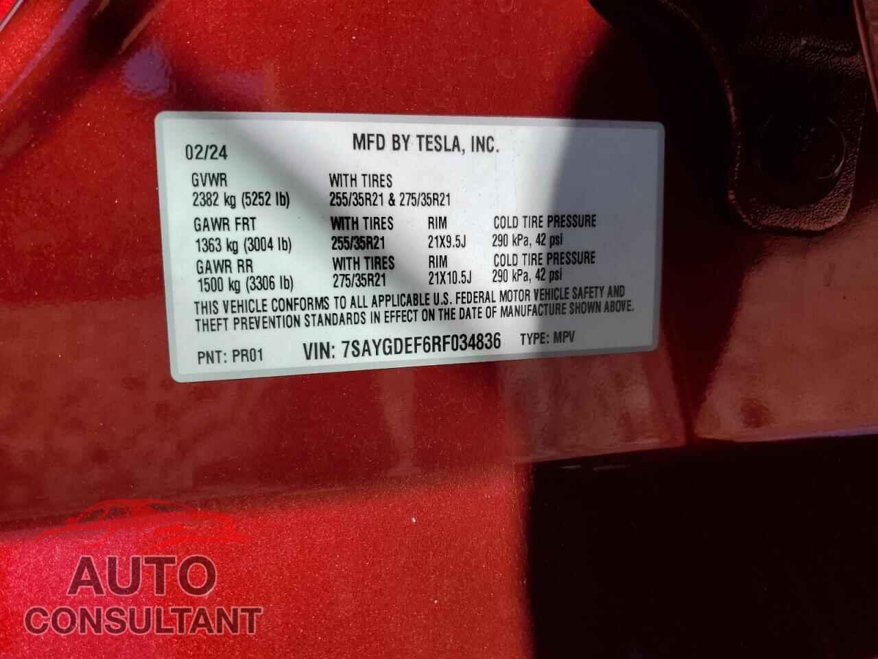 TESLA MODEL Y 2024 - 7SAYGDEF6RF034836