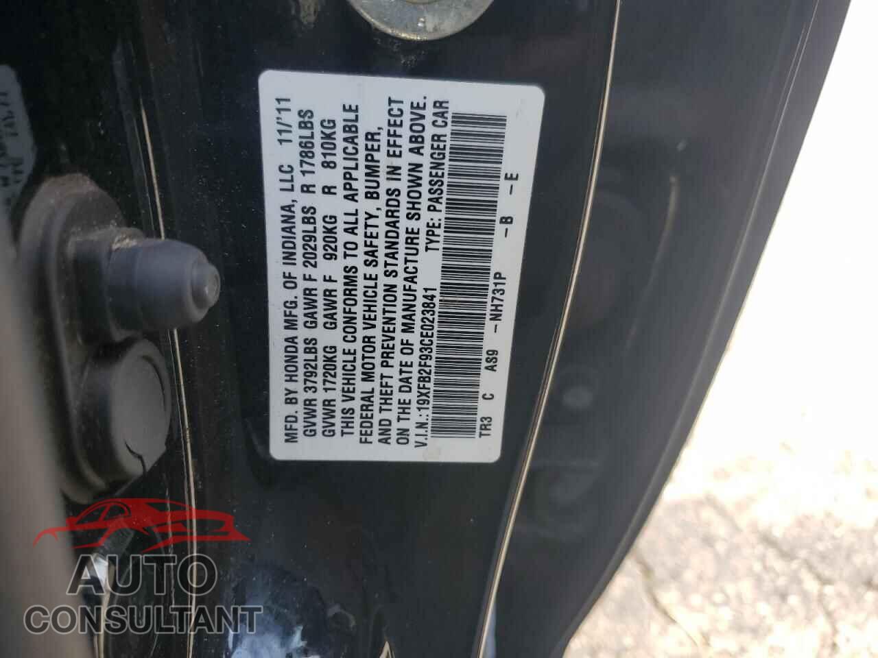 HONDA CIVIC 2012 - 19XFB2F93CE023841