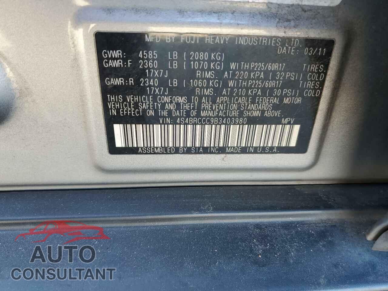 SUBARU OUTBACK 2011 - 4S4BRCCC9B3403980