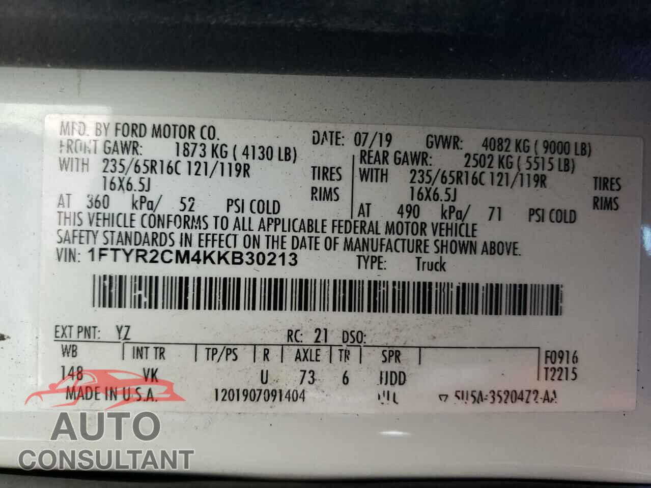 FORD TRANSIT 2019 - 1FTYR2CM4KKB30213