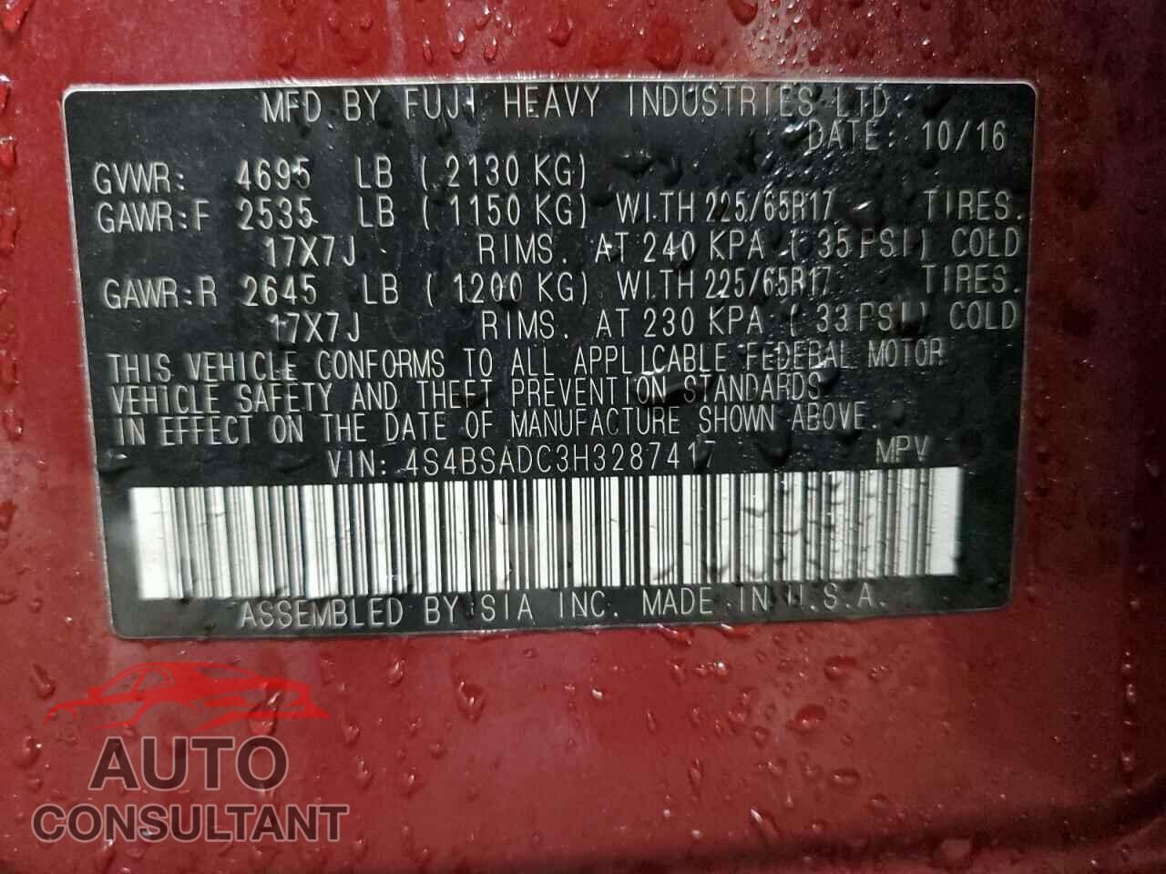 SUBARU OUTBACK 2017 - 4S4BSADC3H3287417