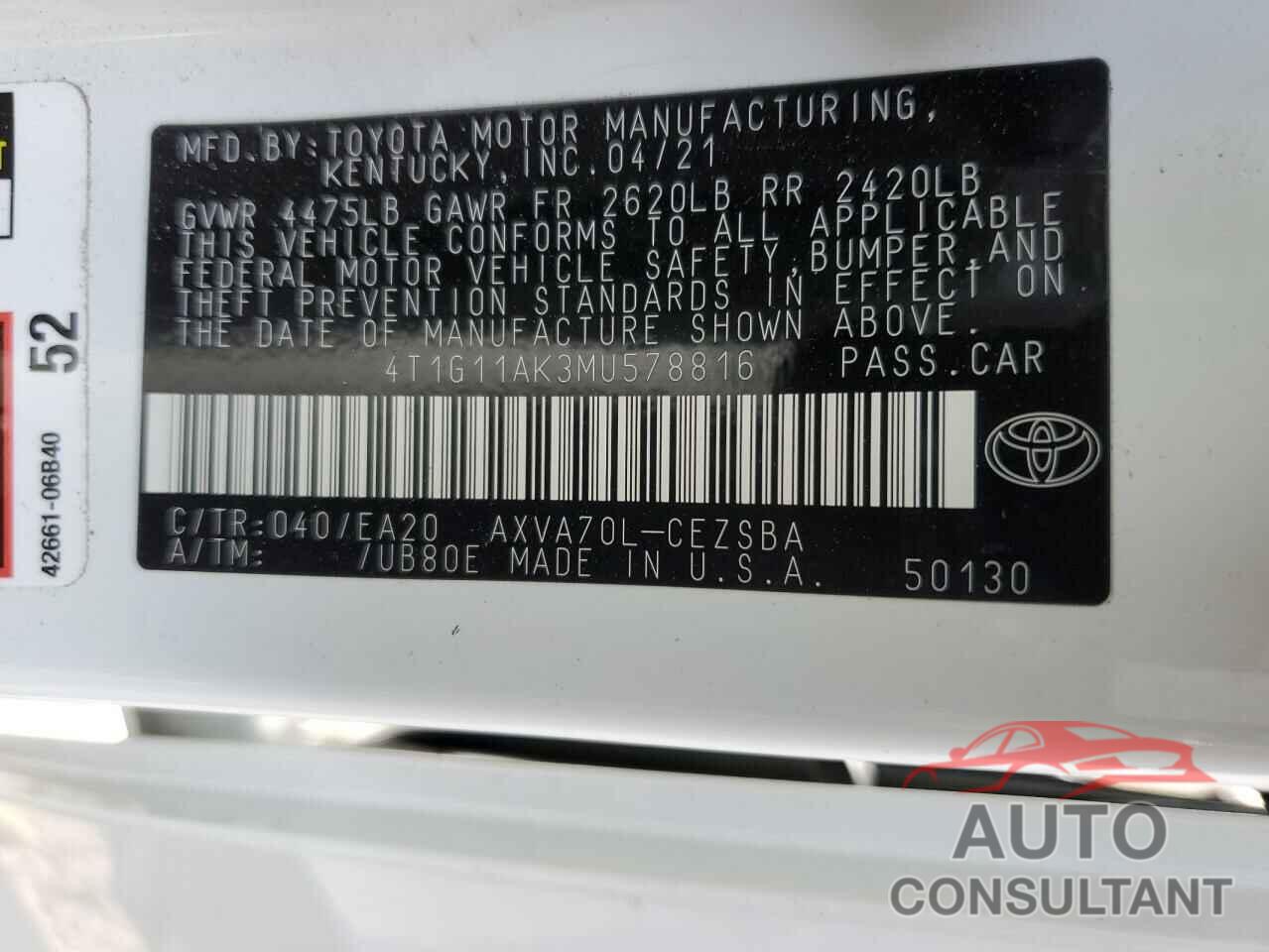 TOYOTA CAMRY 2021 - 4T1G11AK3MU578816