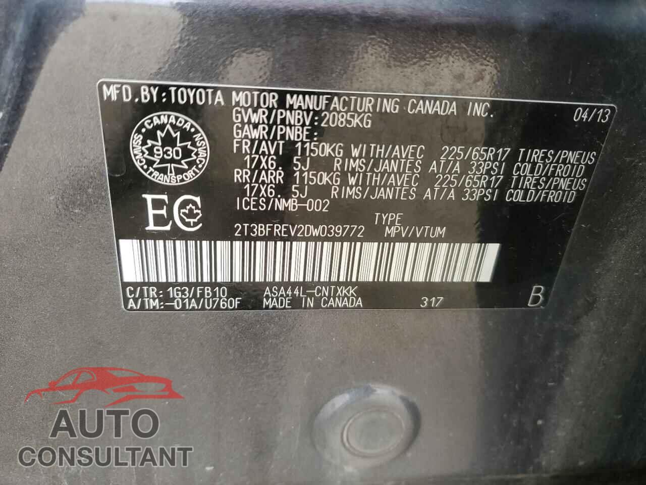 TOYOTA RAV4 2013 - 2T3BFREV2DW039772