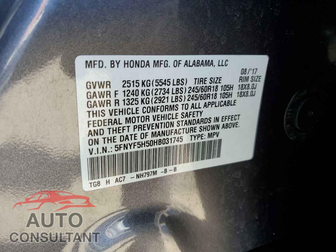 HONDA PILOT 2017 - 5FNYF5H50HB031745