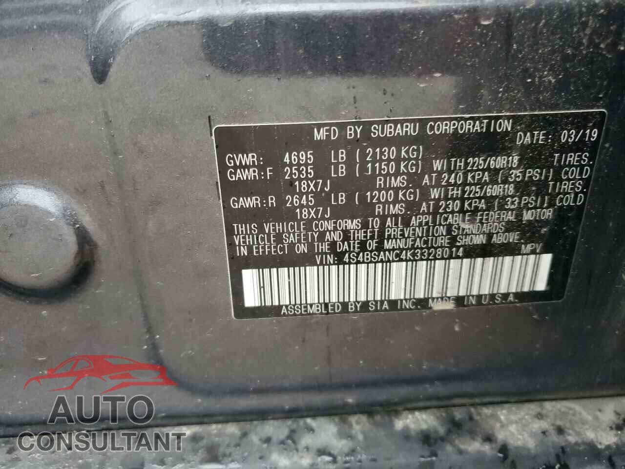 SUBARU OUTBACK 2019 - 4S4BSANC4K3328014