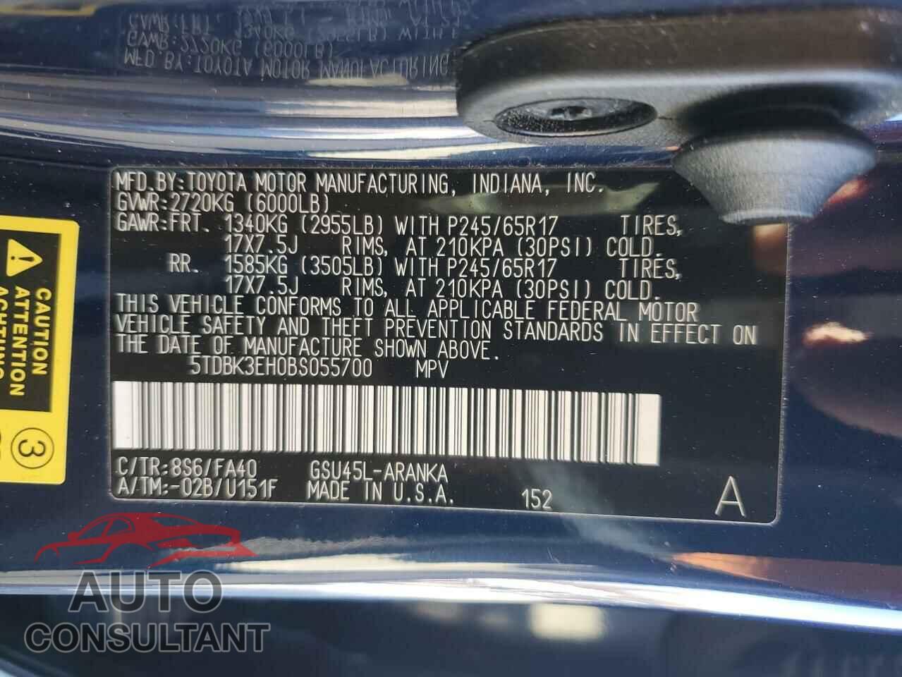 TOYOTA HIGHLANDER 2011 - 5TDBK3EH0BS055700
