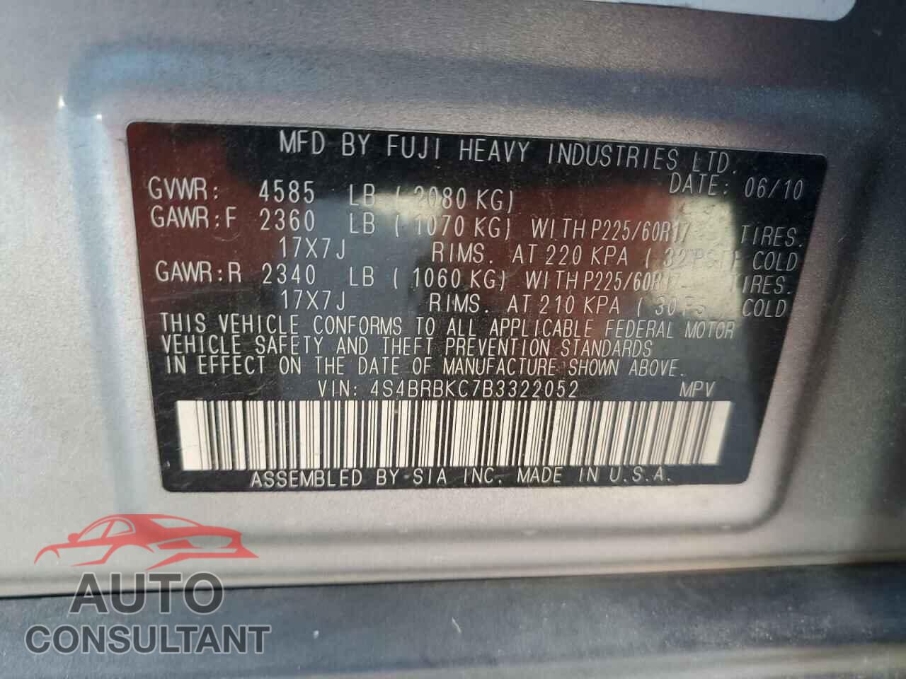 SUBARU OUTBACK 2011 - 4S4BRBKC7B3322052