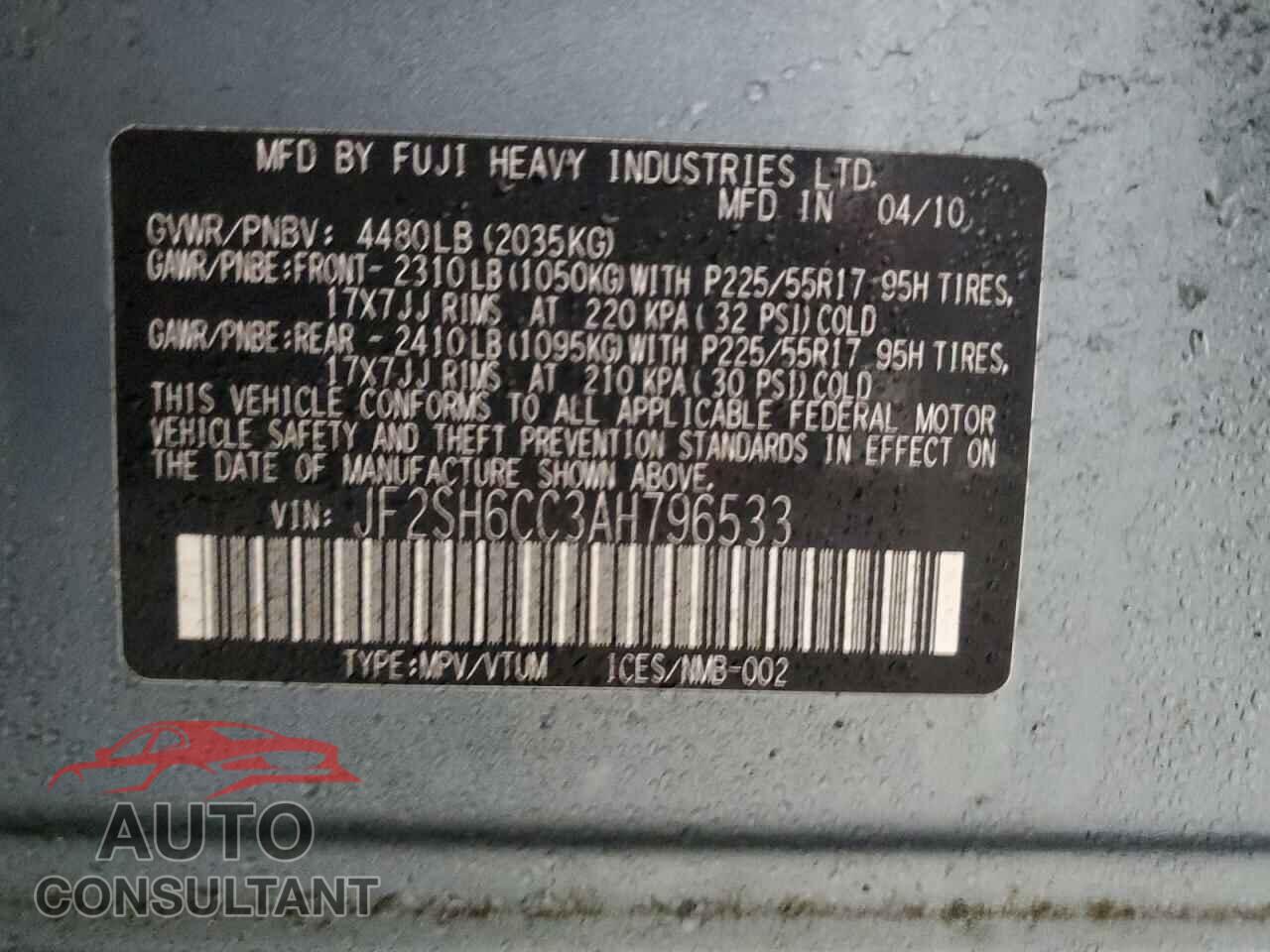 SUBARU FORESTER 2010 - JF2SH6CC3AH796533