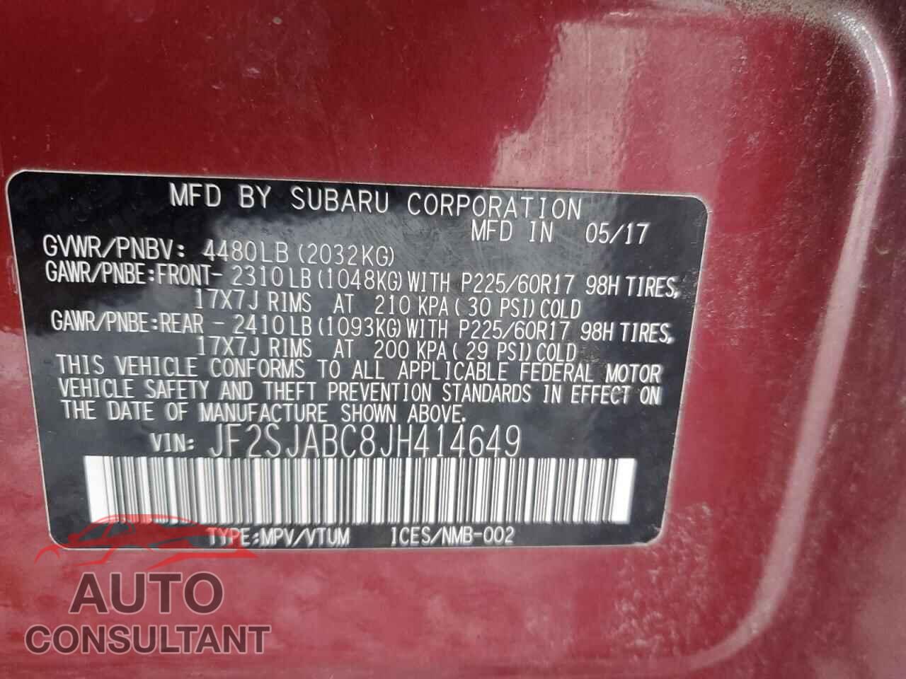 SUBARU FORESTER 2018 - JF2SJABC8JH414649