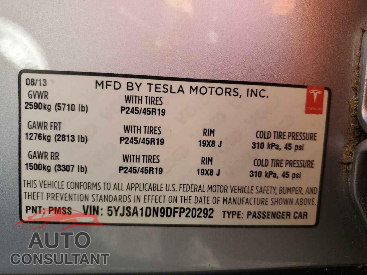 TESLA MODEL S 2013 - 5YJSA1DN9DFP20292