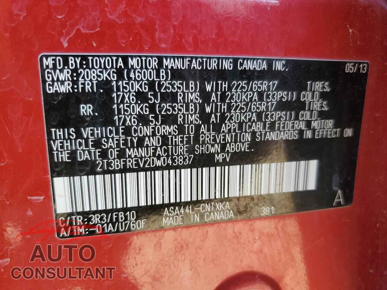 TOYOTA RAV4 2013 - 2T3BFREV2DW043837