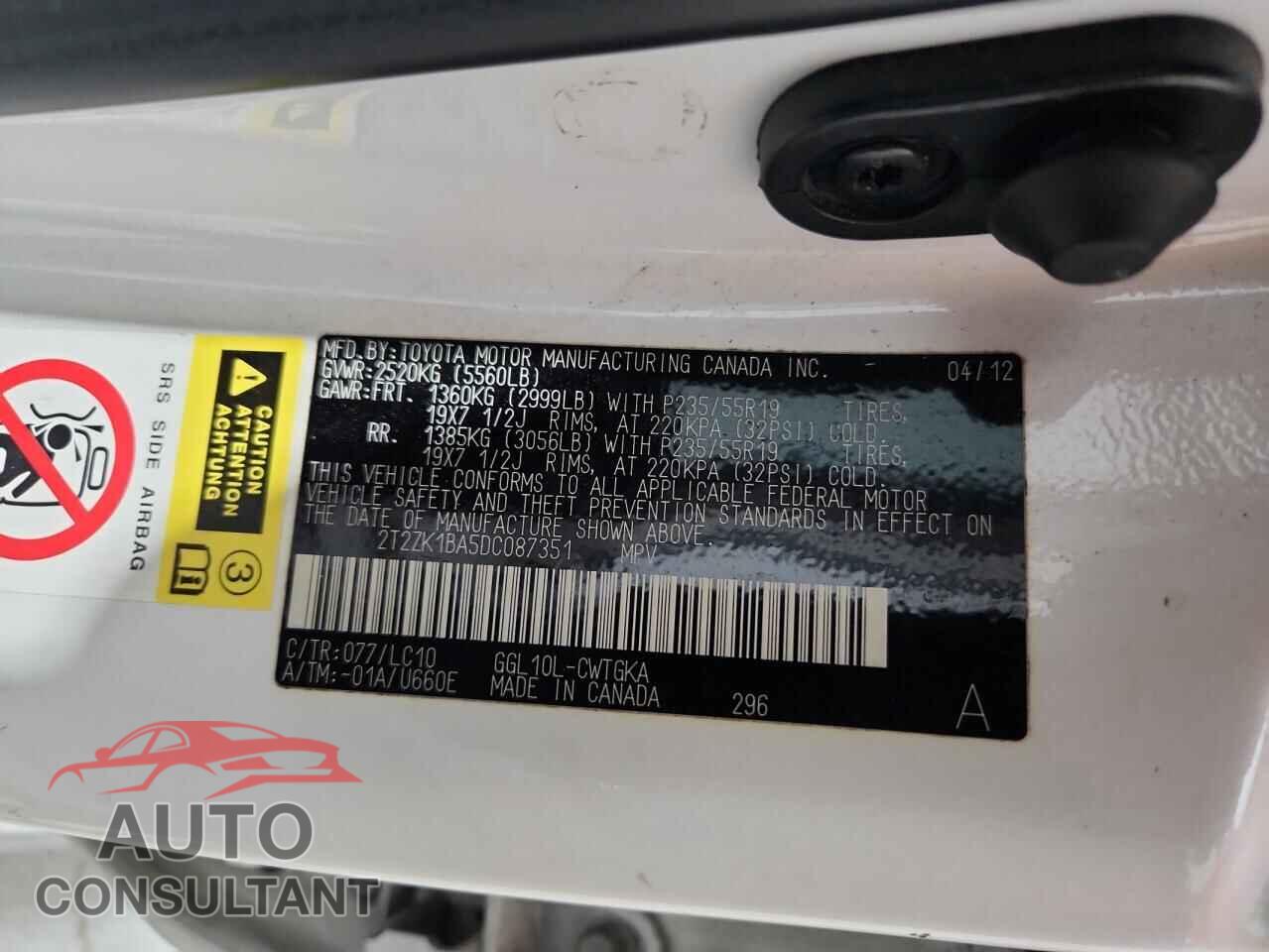 LEXUS RX350 2013 - 2T2ZK1BA5DC087351