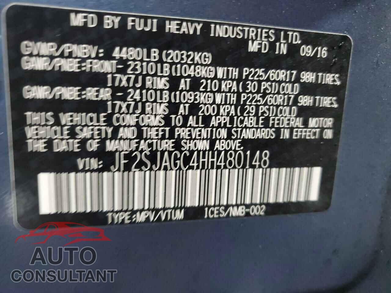 SUBARU FORESTER 2017 - JF2SJAGC4HH480148