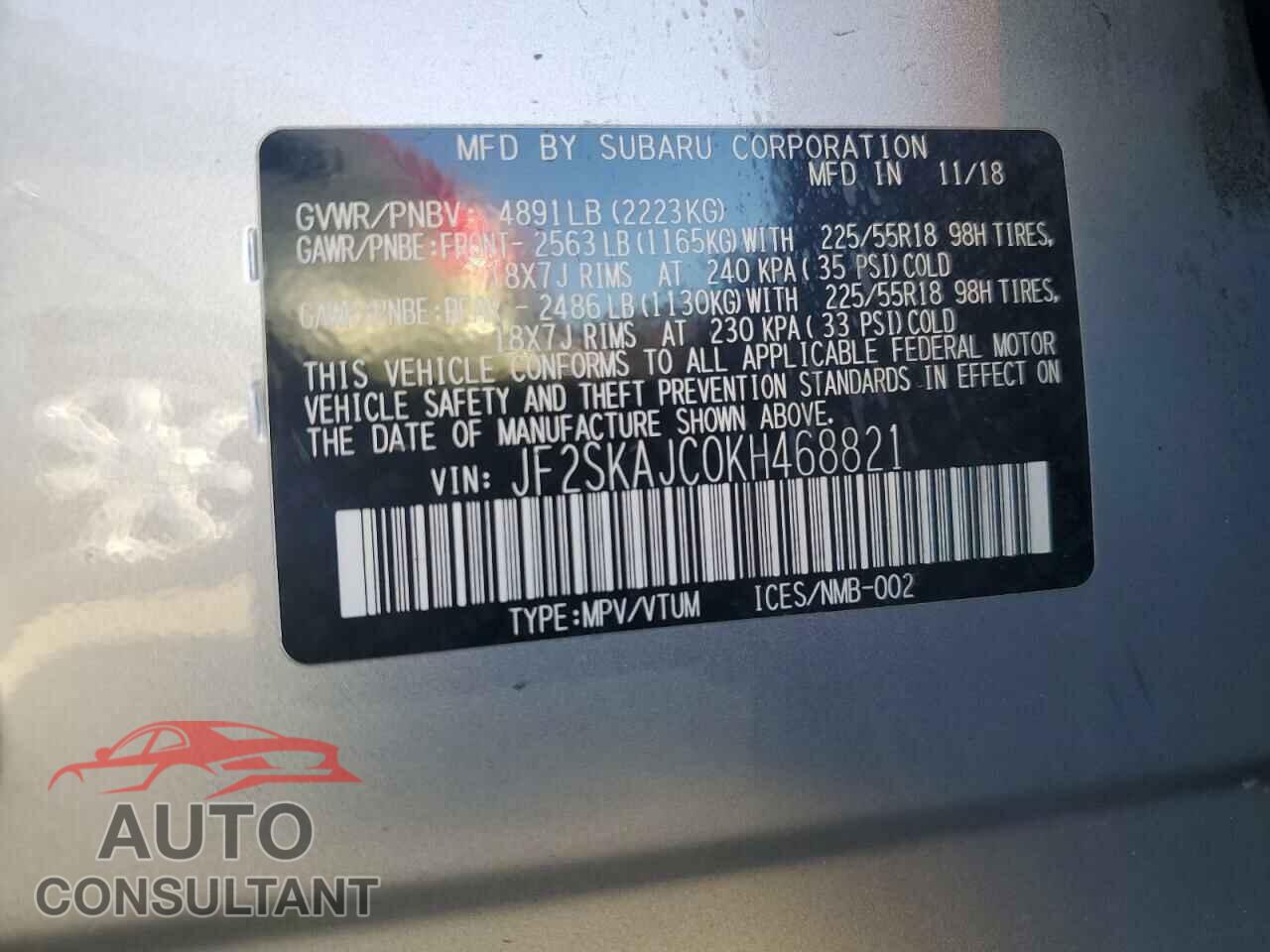 SUBARU FORESTER 2019 - JF2SKAJC0KH468821